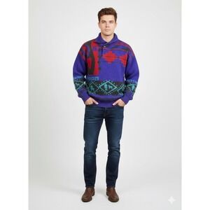 Kitty Hawk Mens Wool Blend‎ Geometric Pattern Shawl Collar Sweater Purple M